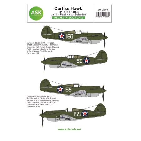 ASK ART SCALE KIT D32015 DÉCALCOMANIES  CURTISS H81-A-2 PART 1 PEARL HARBOR DEFENDERS 1/32