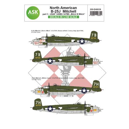 ASK ART SCALE KIT D48038 DÉCALCOMANIES  B-25J MITCHELL PART 3 US AIR FORCE (BITCH N MITCH) MEDITERRANEAN RIDERS 1/48