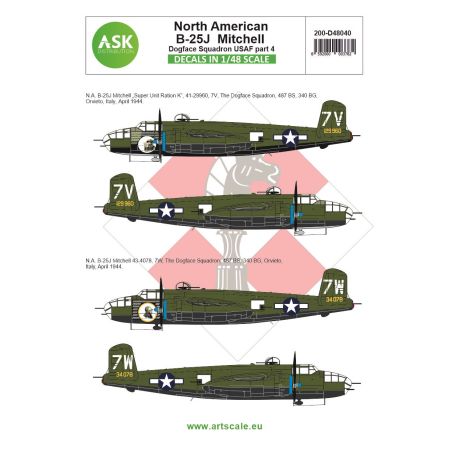 ASK ART SCALE KIT D48040 DÉCALCOMANIES  B-25J MITCHELL PART 4 US DOGFACE SQ. (SUPER UNIT RATION K), MEDITERRANEAN A. 1/48