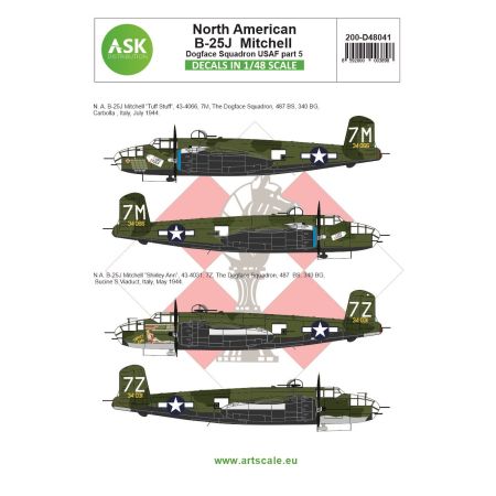 ASK ART SCALE KIT D48041 DÉCALCOMANIES  B-25J MITCHELL PART 5 US DOGFACE SQUADRON, (SHIRLEY ANN) & (TUFF STUFF), MEDITERRANEAN A