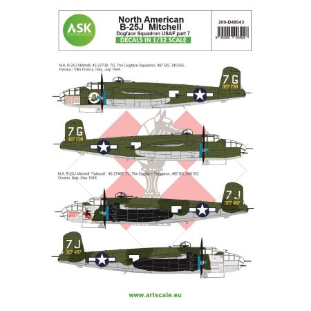 ASK ART SCALE KIT D48043 DÉCALCOMANIES  B-25J MITCHELL PART 7 US DOGFACE SQUADRON, (YAHOUDI), MEDITERRANEAN AREA 1/48
