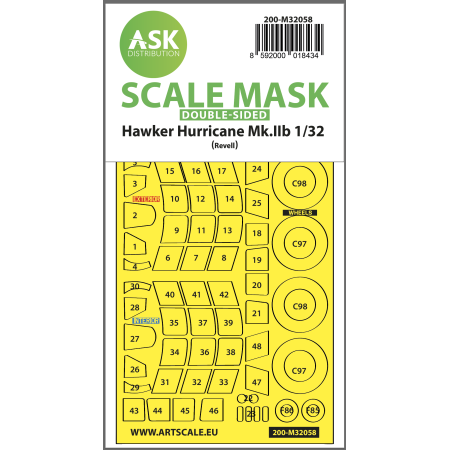 ASK ART SCALE KIT M32058 MASK HAWKER HURRICANE MK.IIB DOUBLE-SIDED EXPRESS FOR REVELL 1/32