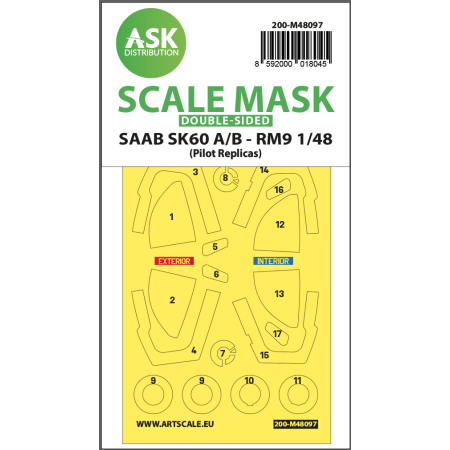 ASK ART SCALE KIT M48097 MASK SAAB SK60 DOUBLE-SIDED SELF-ADHESIVE, PRE-CUTTED FOR PILOT-REPLICAS 1/48