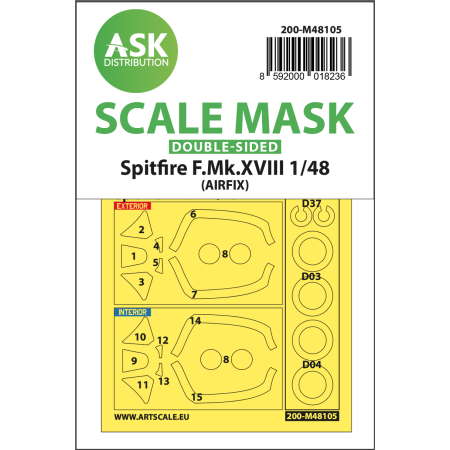 ASK ART SCALE KIT M48105 MASK 1/48 SPITFIRE F.MK.XVIII DOUBLE-SIDED SELF-ADHESIVE, PRE-CUTTED FOR AIRFIX 1/48