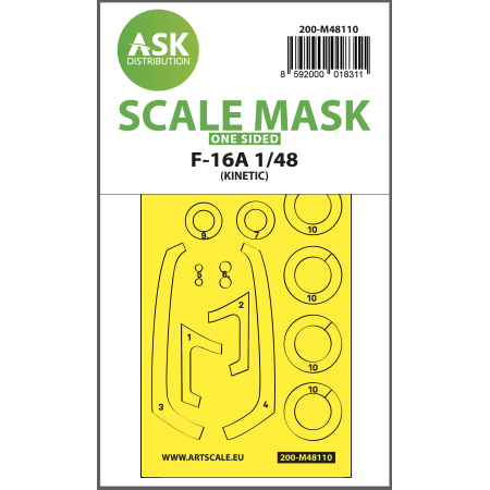 ASK ART SCALE KIT M48110 MASK F-16A ONE-SIDED EXPRESS , SELF-ADHESIVE AND PRE-CUTTED FOR KINETIC 1/48