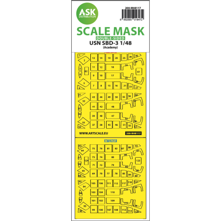 ASK ART SCALE KIT M48117 MASK USN SBD-3 DOUBLE-SIDED EXPRESS , SELF-ADHESIVE AND PRE-CUTTED FOR ACADEMY 1/48