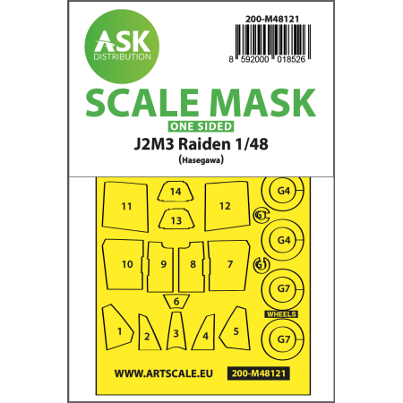 ASK ART SCALE KIT M48121 MASK J2M3 RAIDEN ONE-SIDED EXPRESS , SELF-ADHESIVE AND PRE-CUTTED FOR HASEGAWA 1/48
