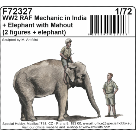 CMK 129-F72327 3D PRINTED  WWII RAF MECHANIC IN INDIA + ELEPHANT WITH MAHOUT (2 FIG. + ELEPHANT) IN 1/72
